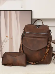 Ladies' retro PU backpack+matching wallet set, multi pocket casual backpack, ethnic style wide shoulder strap can be slung over, versatile storage bag, suitable for travel and daily commuting