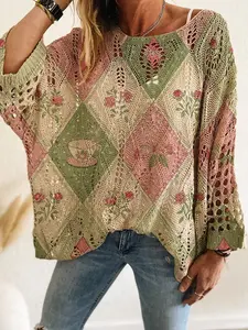Women's Knitted Long Sleeve Top, Casual Elegance for Spring Summer, Multicolor Contrast Floral & Tea Plaid Print, Perfect for Vacation & Commuting
