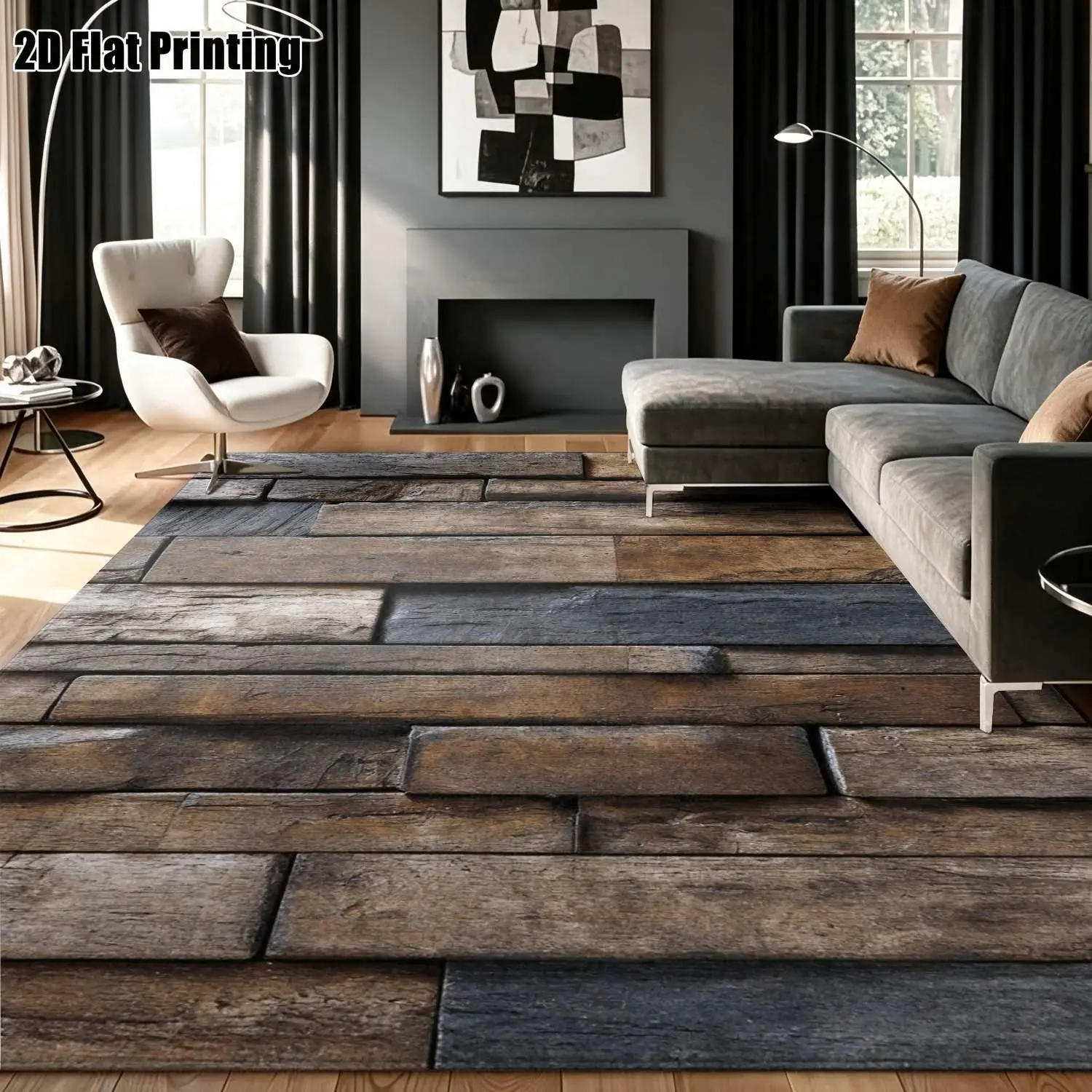 Large indoor area rug, soft velvet low-pile rug with non-slip dotted backing, machine washable rustic warm brown & gray wood plank floor rug for living room, bedroom, entryway