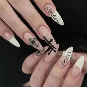Goth Cross French Tip Nails – Black White Studded Long Square Alt Glam Statement Set