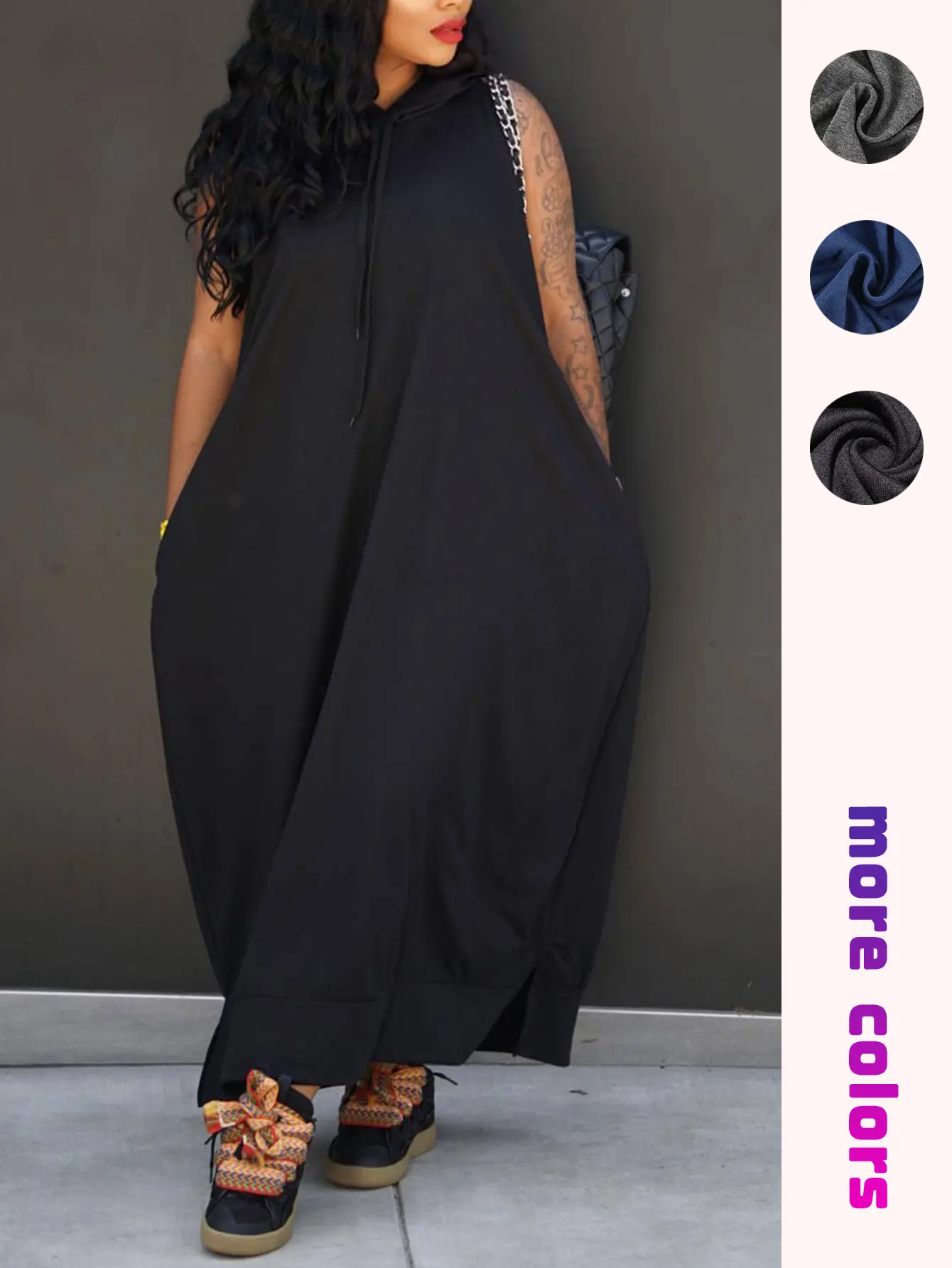 Women's Minimalist Basic High Neck Sleeveless Hooded Maxi Dress, Drawstring Detail, Pocket Design, Solid Color, Loose Fitting, Casual Streetwear, Black