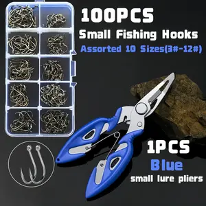 101pcs Fishing Hooks and Pliers Set in Various Styles, 10 Sizes (3#-12#) Portable Plastic Box, Strong Sharp Barbed Hooks for Freshwater and Saltwater