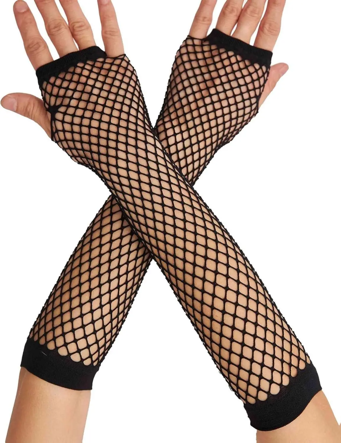 Women's Black Fingerless Mesh Fishnet Gloves - Long Arm Sleeves, Skin Friendly, Hand Washable, Emo-Goth Punk 80s Scene Fashion Accessories for Dance Performances, Evening Events