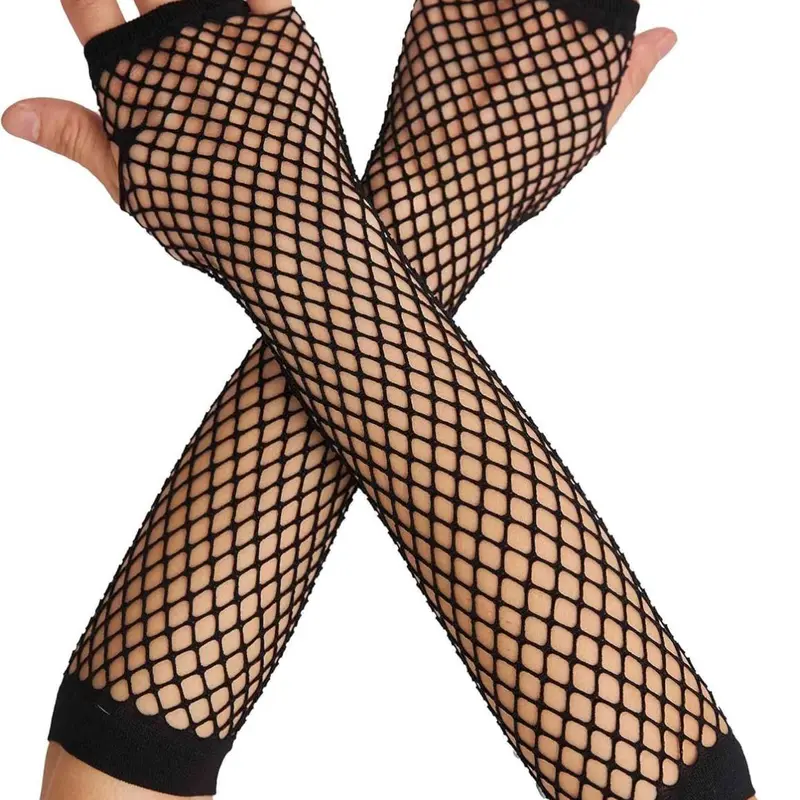 Women's Black Fingerless Fishnet Gloves - Fashion, Durable Skin-Friendly Long Mesh Arm Covers, Flexible Fit for Dance Performances, Emo-Goth Punk Accessory, 80s Cosplay Evening Event Use, Hand Washable