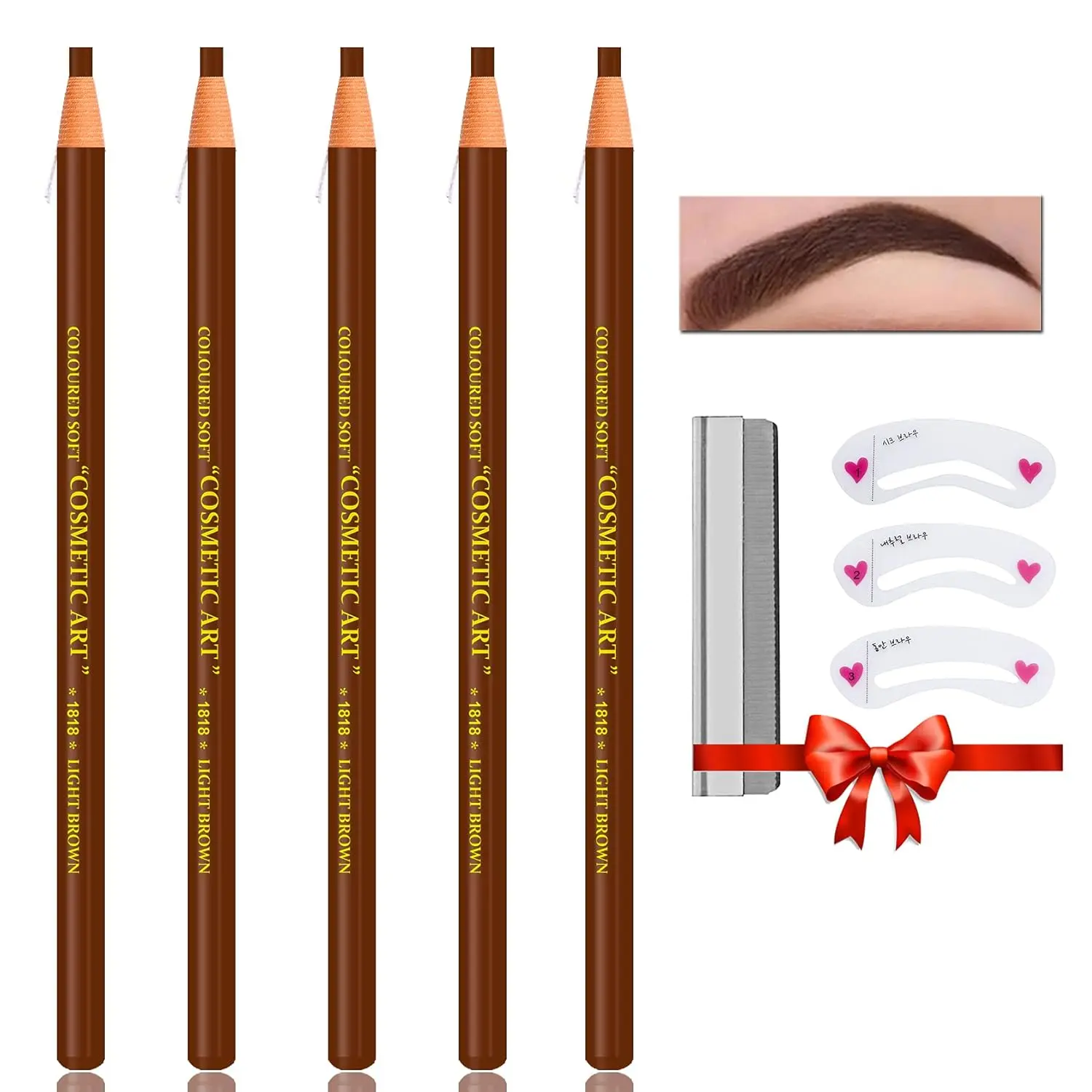 Waterproof Eyebrow Pencil Light Brown Brow Pencil Set For Marking,Filling and Outlining,Eyebrow Tattoo Makeup Microblading Supplies Kit,5Pcs Microblading Eyebrow Pen with Eyebrow Stencil Eyebrow Tool