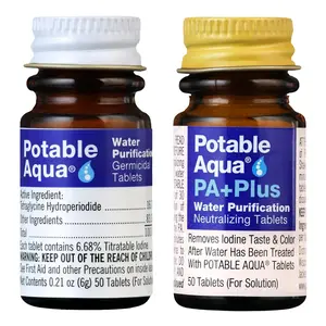 Potable Aqua Water Purification Tablets with PA Plus, Portable and Effective Solution for Camping, Hiking, Emergencies, Natural Disasters and International Travel, Two 50ct Bottles