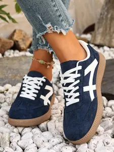 Women's Casual Patchwork Sneakers, Mid-Height Lace-Up Design, Textile Upper, Rubber Sole, All Seasons Footwear
