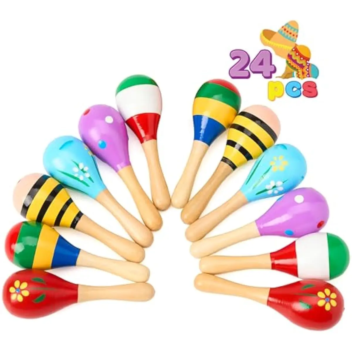 24 PCS Cinco De Mayo Mini Wooden Maracas for Kids, Fiesta Party Favors and Baby Maracas with Wooden Rattle Colorful Noisemakers for Cinco De Mayo Party