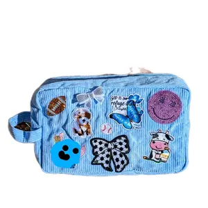Custom Corduroy Cosmetic Travel Organizer Bag Personalized with Fun Patches You Choose Durable Lightweight Design for On-The-Go Adventures Hangable Feature