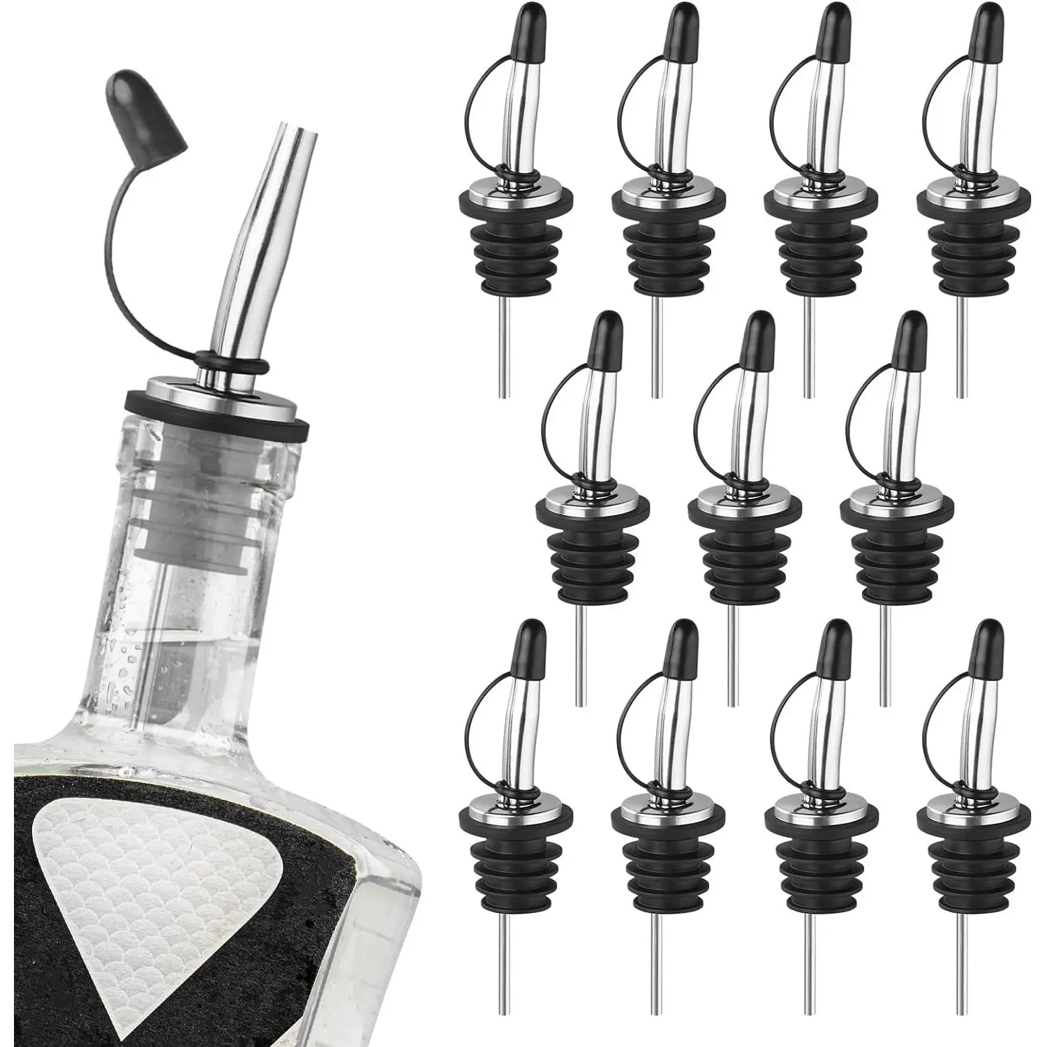 12PCS Stainless Steel Speed Tapered Pour Spouts with Dust Caps - Liquor, Olive Oil, Alcohol Dispenser Spouts for Liquor Bottles, Bar Accessories, Silicone Kitchenware for Cocktails