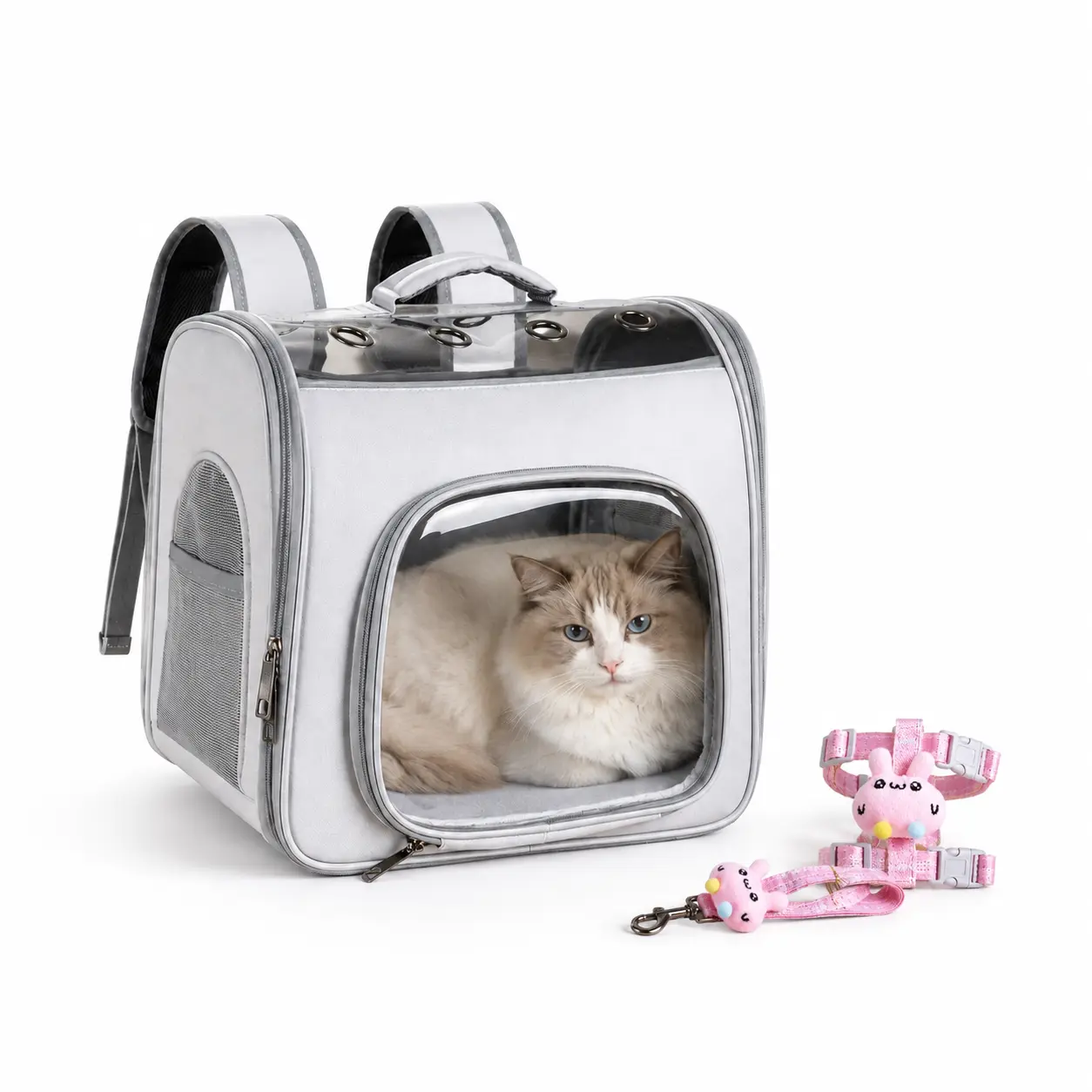 EGFSK Grey Soft-Sided Foldable Pet Carrier Backpack with Pink Leash, Top Handle, Fabric Mesh, Transparent Viewing Window, Airflow Boost, Portable for Cats, Small Dogs (Vet Visits, Car Rides)