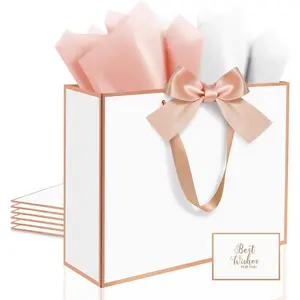 3 Pack Elegant Large  Bags with Handles, 12.6x10x4 Inches - Set Includes Tissue Paper & Cards for Birthday,  Shower, Wedding, Anniversary, Christmas & Holiday Gifts (3Pcs White with Rose  Rim)
