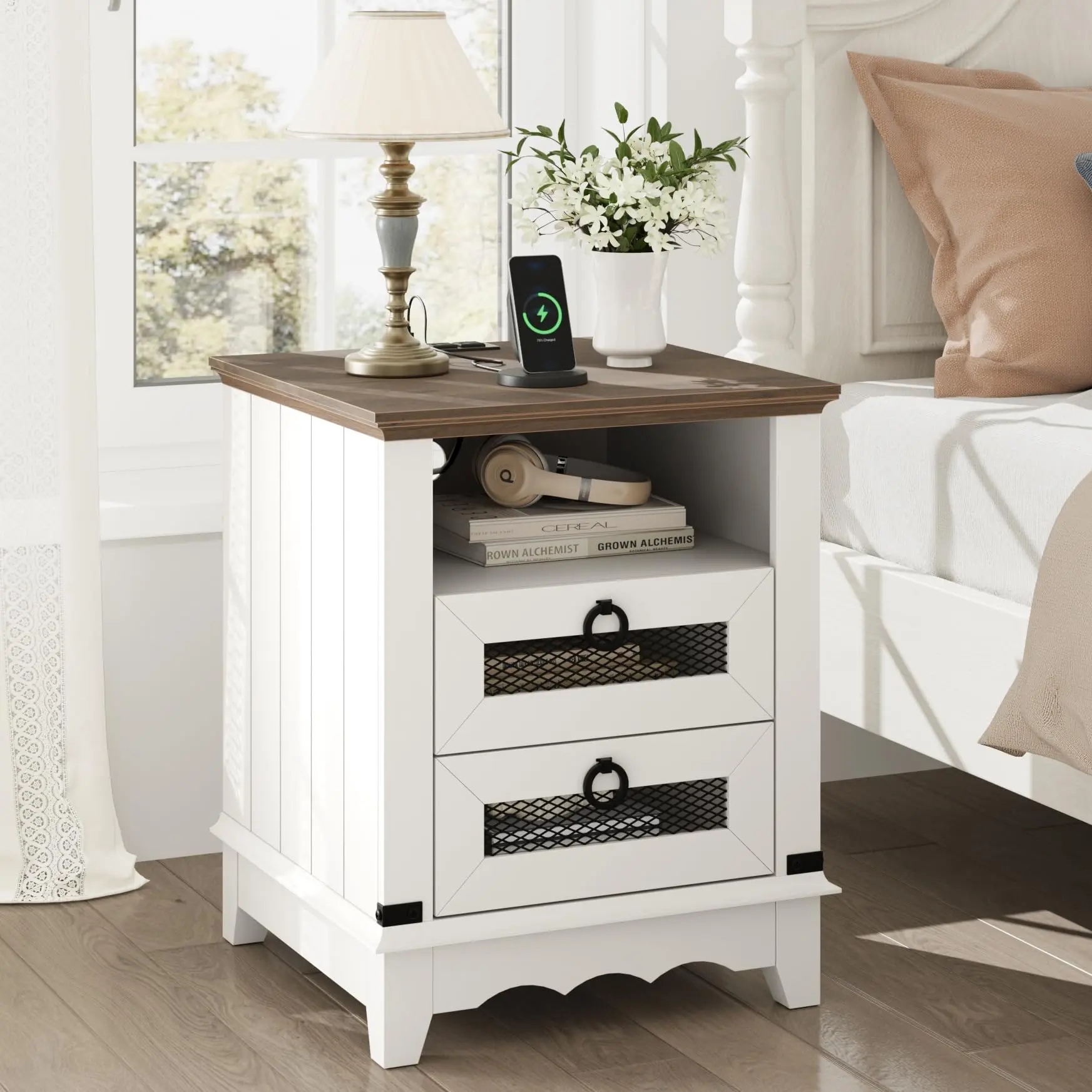 【GARVEE】Nightstand Farmhouse Side Table 24" inch End Table Industrial Bed Side Table with Charging Station Night Stand 2 Drawers Open Cubby Wood Sofa Side Table Living Room Bedroom