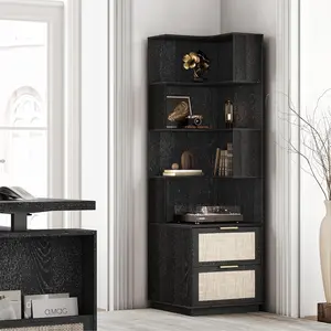 71” tall corner bookshelf with drawers, 5-tier rattan corner bookcase with storage, display rack with baffles for home office and living room, black finish.