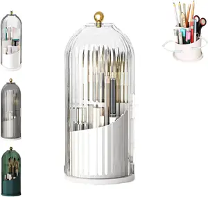 360° Rotating Toothbrush & Makeup Brush Holder with Lid – Dustproof Waterproof Bathroom Countertop Organizer, 3-Slot Storage for Toothbrushes, Toothpaste & Beauty Tools (White)