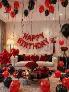 59PCS Red & Black Happy Birthday Balloon Set – Self-Sealing Foil, Latex Balloons, Heart-Shaped Balloons, Rose Petals, DIY Party Decor with Glue