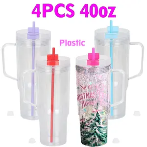 4 PACK 40 oz Plastic Acrylic Snow Globe Tumbler Pre Drilled, Double Wall Plastic Tumblers with Handle, Cold Drinks Snowglobe Cup with Lid and Straw for Snow Globe Glitter DIY Gift and UV DTF Transfers Bottle Drinkware Bottle Mug Portable Reusable