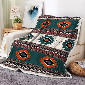 Southwest Aztec Throw Blankets, Traditional Navajo Patterned Flannel Soft Throw Blanket, Boho Southwestern Decor Throw Blanket for Couch, Chair, Camping, Bed, 50”x60”, Teal and Beige