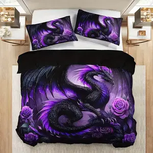 3pcs Dark Dragon & Rose (1 Fitted Sheet + 1-2 Pillowcases), No Core Included, One Size, Ca Prop 65 Compliant, Bed Sheets Set