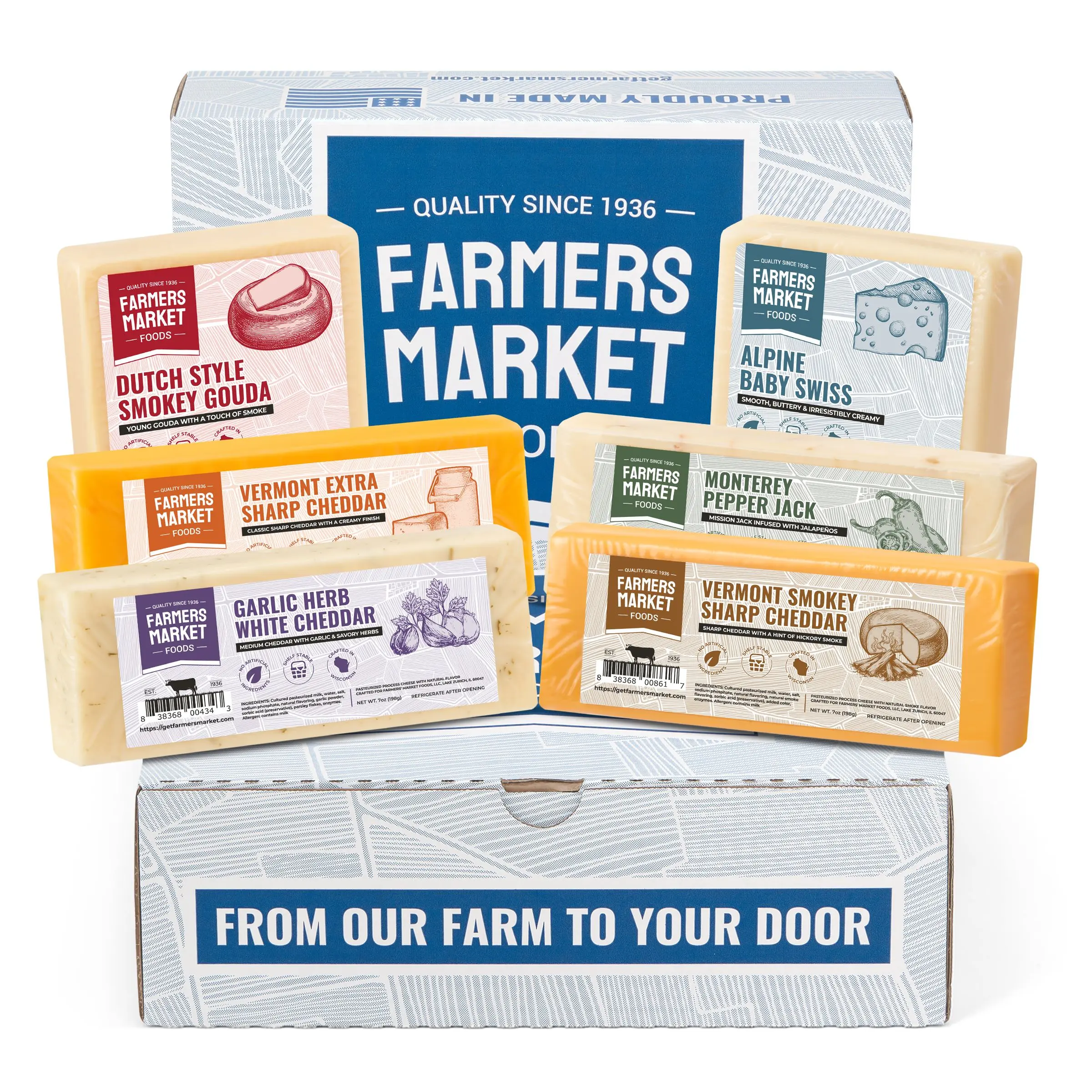 Farmers Market Wisconsin Cheese Gift Set – 6 Count Gourmet Cheese Variety Pack, Gluten Free, Keto Friendly, Zero Sugar, Low Carb Snack Assortment with Cheddar, Gouda, Swiss & Pepper Jack