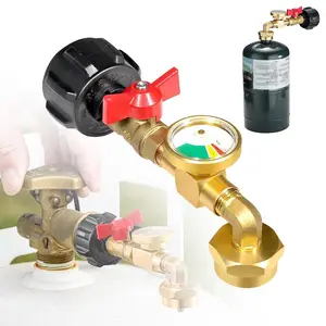 Propane Refill Adapter with Valve, Pressure Gauge, and 90-Degree Elbow - Convert 20lb to 1lb Tank, QCC1 Connector with ON/OFF Control for Refilling Tool Hardware Industrial Home