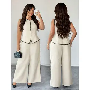 Women's Elegant Textured Fabric Sleeveless Top & High-Waisted Wide-Leg Pants 2-Piece Set, With Black Wavy Trim Decoration, White Pearl Button Decor, Suitable For Commuting And Casual Wear
