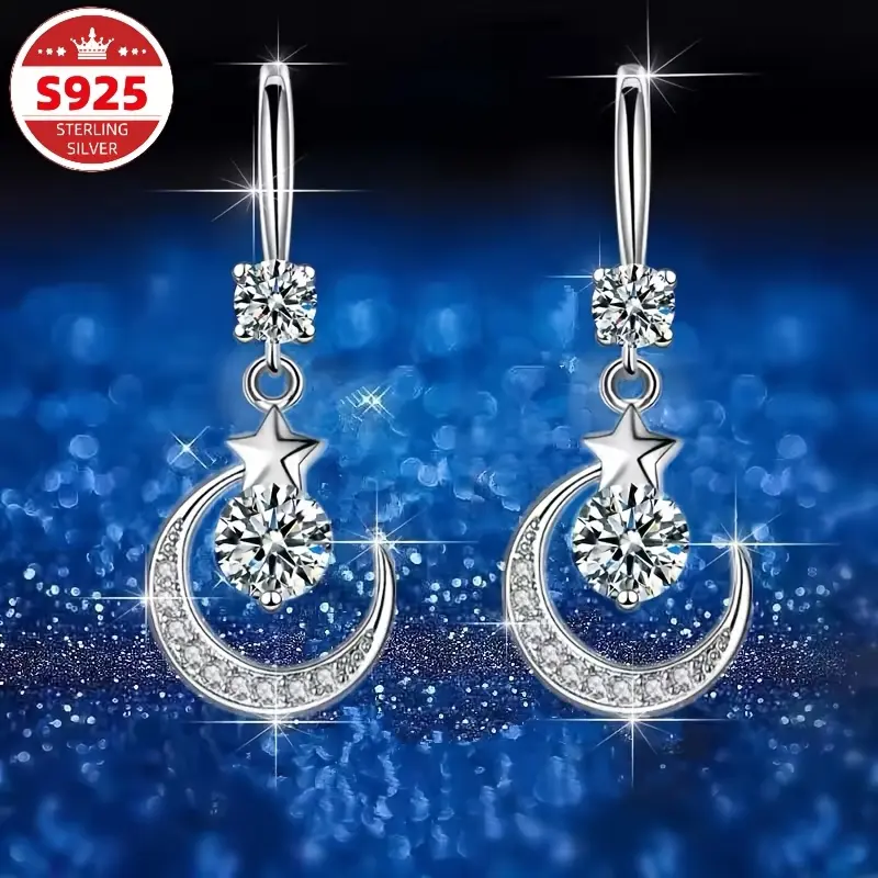 Women's S925 Pure Silver Mythology Star-Moon Drop Earrings with Artificial Synthetic Zircon - Elegant Costume Jewelry, Perfect Gift for Mother's Day, Valentine's Day