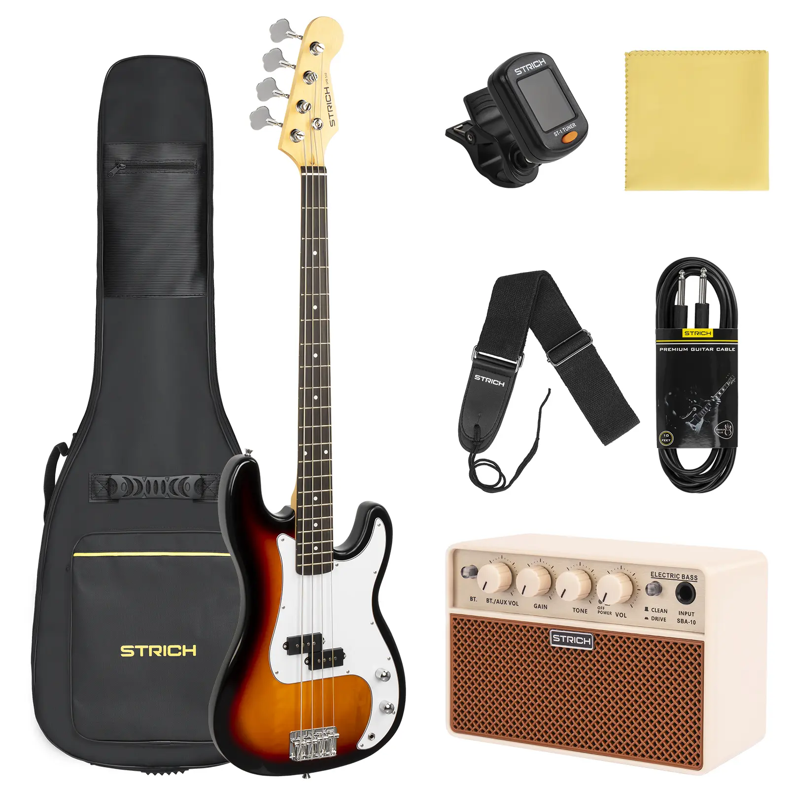 STRICH Electric Bass Guitar 4 Strings Full-Size Beginner Kit, PB-Style Standard Bass for Starter with 20w Amp, Bag, Tuner, Strap, Cable, SPB-S10 Sunburst