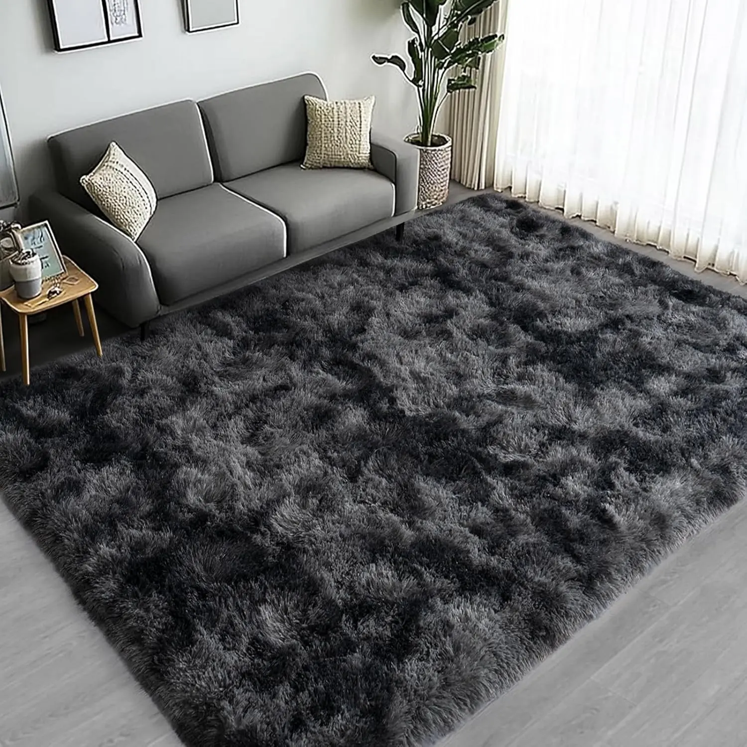 Tie-Dyed Black gray Fluffy Rugs for Bedroom  - Ultra Soft & Non Slip Shaggy Area Rug, Comfy Durable Carpet for Living Room Kids Room Teens Dorm Home Decor