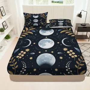 3Pcs Moon Starry Night Floral Fitted Sheet Three Piece Set (1*Fitted Sheet+2*Pillowcases, Coreless), Celestial theme, Astrology Bedding Set, Bedsheet Sets, Mattress protector Soft, Breathable