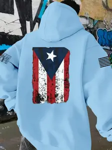 Men's Flag Print Hooded Sweatshirt, Fleece Lined, Long Sleeve, Casual Fall & Winter Wear, Comfortable Fit with Pocket Design, Graphic Print Hoodie