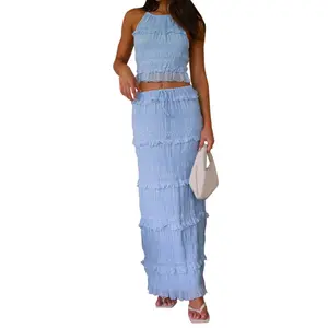Halter Neck Ruffle Crop Top & Maxi Skirt Set