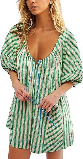 Women's Striped V-Neck Romper, Casual Loose Tie Front Wide Leg Short Jumpsuit, Flowy Summer Vacation Outfit