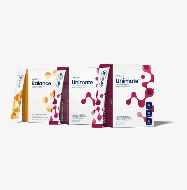 Unicity Feel Great - Raspberry Pomegranate Unimate (2) Orange Balance (1) - 30-day Supply