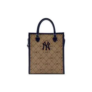 Women's MLB New York Yankees Nylon Checkered Pattern Luxury Tote Bag, Beige