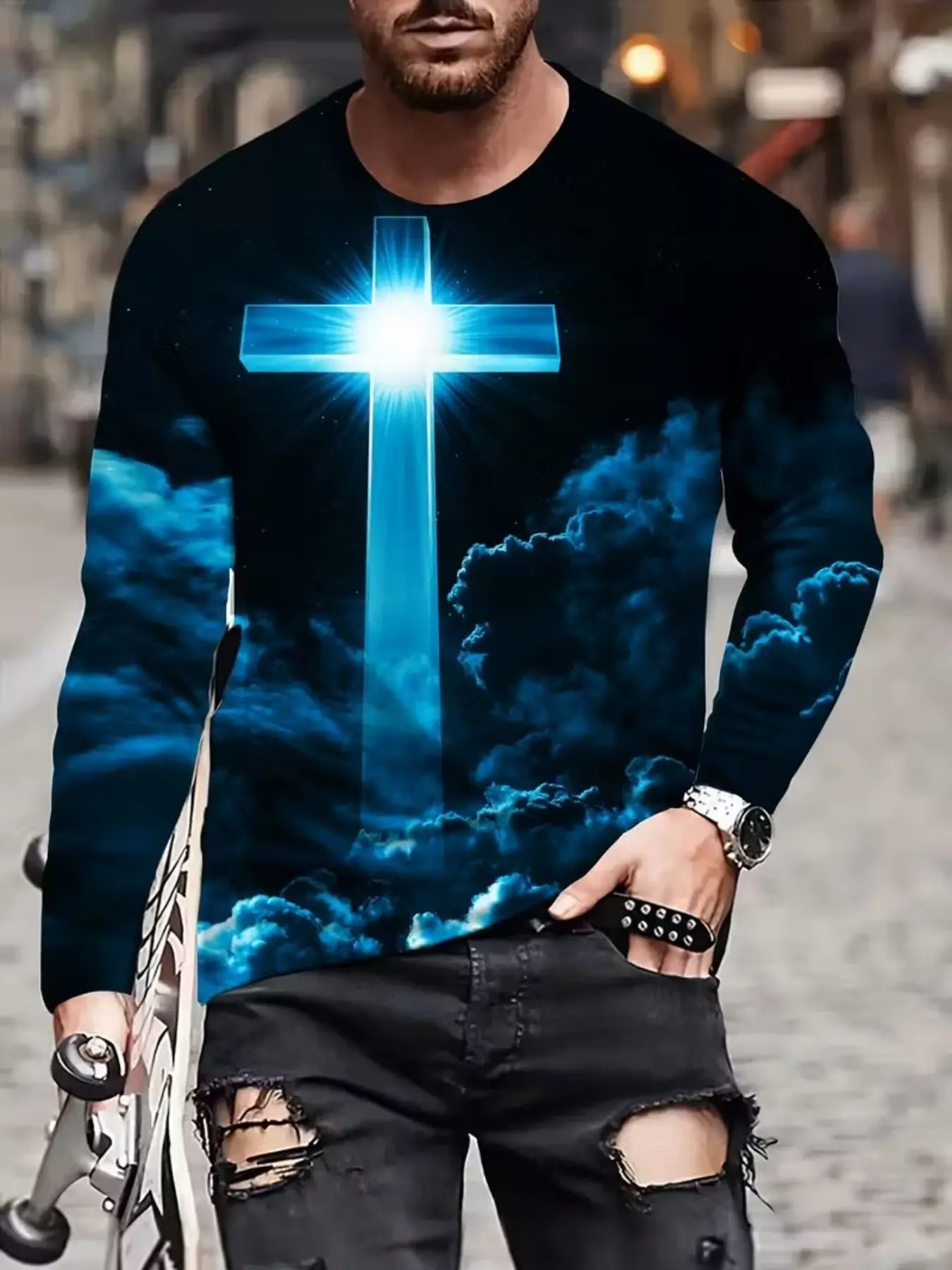Men's Classic Cross Digital Print T-Shirt, Casual Streetwear Tops Sporty Comfort Long Sleeve Top, Fall & Winter Clothing, Fitted H-Type, Menswear, Tee, Casual Graphic Tee