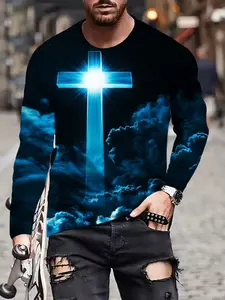 Men's Classic Cross Digital Print T-Shirt, Casual Streetwear Tops Sporty Comfort Long Sleeve Top, Fall & Winter Clothing, Fitted H-Type, Menswear, Tee, Casual Graphic Tee