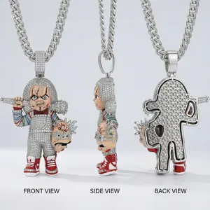Iced Out Savage Killer Doll Pendant, Spiked Bat Chain, Exquisite Enamel Craft, Y2K Goth Hip Hop Jewelry, Stylish Accessory for Male Rappers