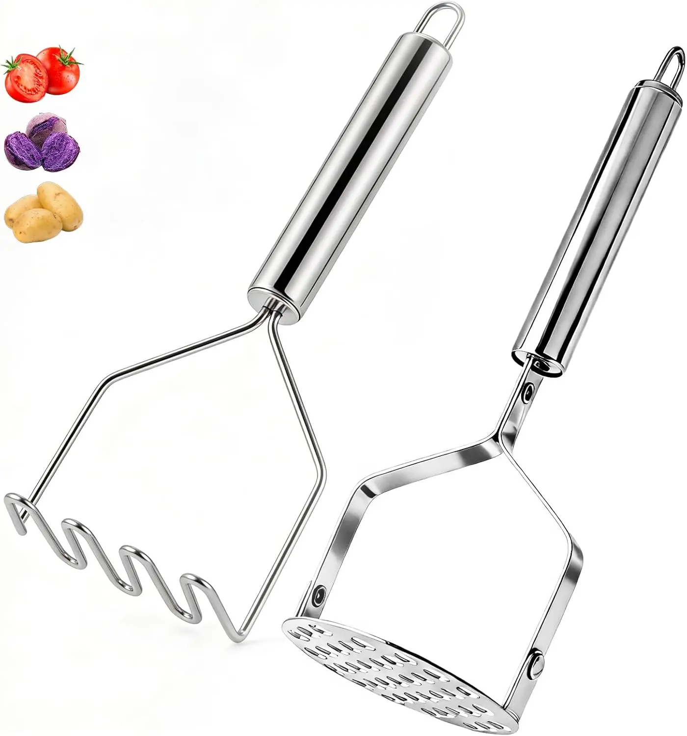 2PCS Potato Masher Set, Stainless Steel Smasher Kitchen Tools Works For Mashed Potatoes Guacamole Beans Vegetables Fruit Meat Butter And Puree, Ergonomic Handle Design