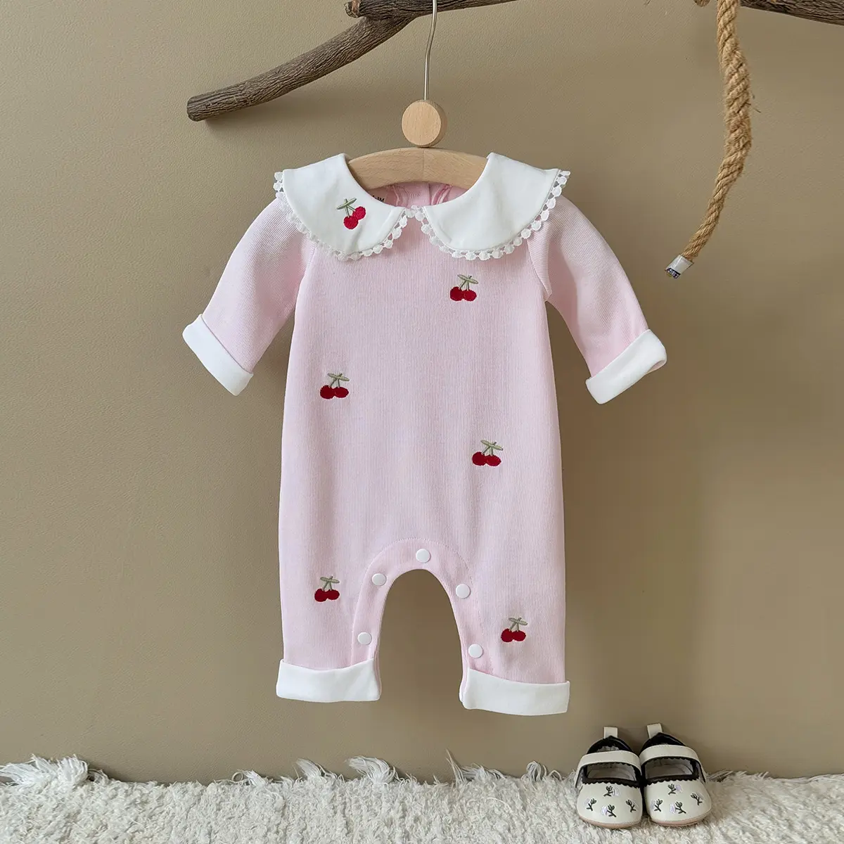 Baby Girls Colorblock Romper with Cherry Embroidery and Pink Doll Collar, Long Sleeve Loose-Fit Baby Girls Clothing for Spring Autumn, Shapes, Rompers, Colorful Onesie Baby Girls Bodysuits & One-Pieces
