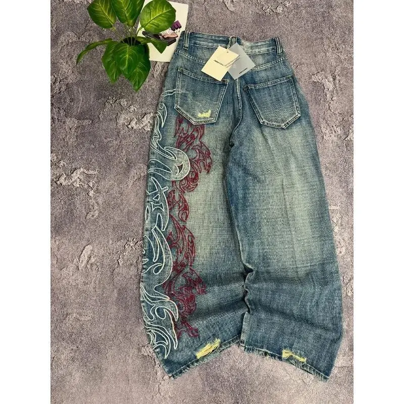 American New Pattern Embroidery Blacks Baggy Jean Boys Men High Street Vintage Hip Hop Fashion Casual Joker Couple Wide-leg