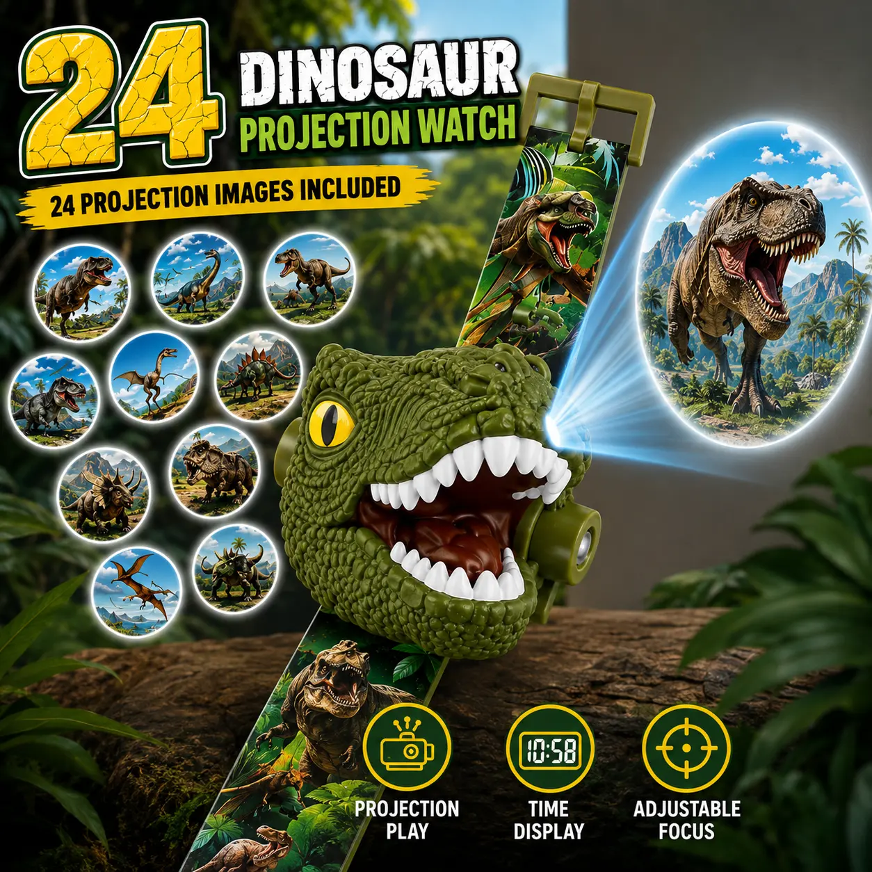 Dinosaur Projection Watch Toy, 24 Projection Images, Adjustable Focus, Time and Date Display, Dinosaur Gift Idea