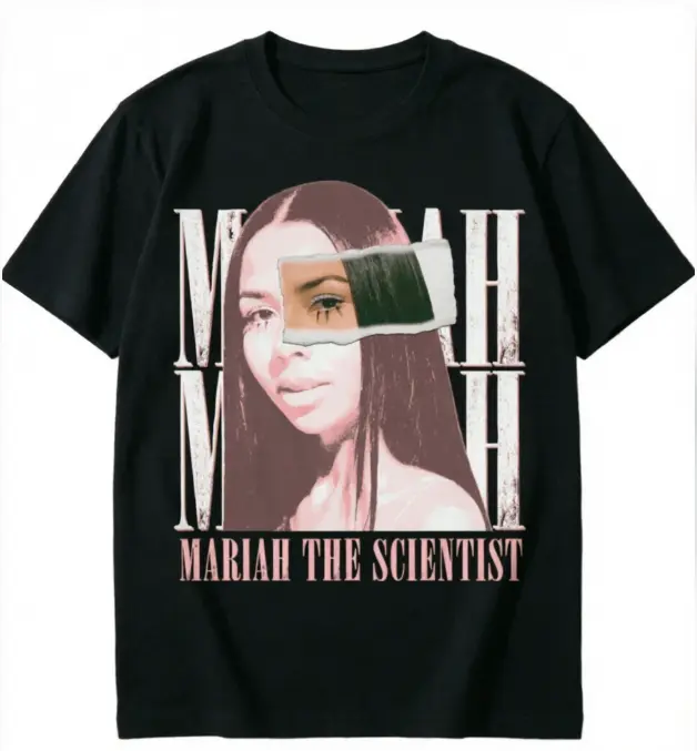Women's 100% Cotton Short-Sleeve Round Neck Streetwear Top, Unisex Black Mariah the Scientist Torn Collage Vintage Portrait Graphic Tee, Soulful R&B Fan Tribute Vibe Music Lover Nostalgic Summer Adhesive Print