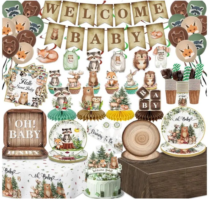 Woodland Baby Shower Decorations for Boy Girl, Neutral Animal Party Supplies Kit include Banner, Balloons, Plates and Napkins, Cake Topper, Tablecloth, Sash, Safari Jungle Forest Shower Party Decor