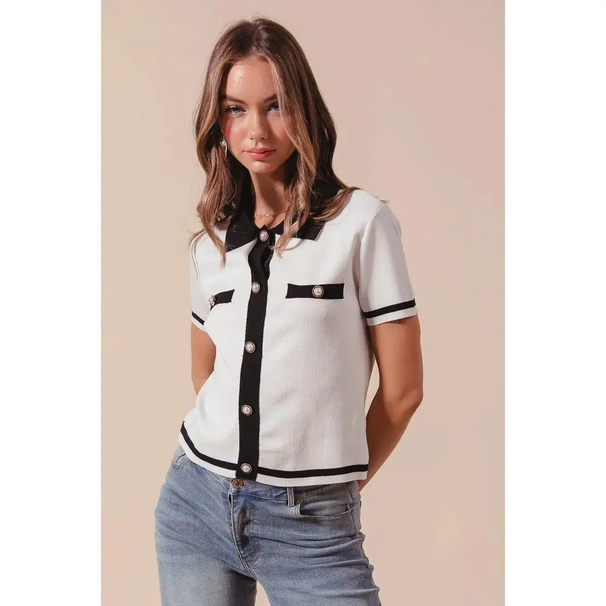 Women's Chic Nylon-Viscose Blend Knitted Short-Sleeve Polo Collar Button-Down Blouse Top, Shortsleeve, 28%Polyester, 50%Viscose, Knitted Sweater Top, Piece, Casual