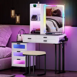 Vanity Desk with Mirror&RGB LED Lights-Vanity Set with USB&Type-C&Wireless Charging-Makeup Vanity with Glam Glass Top&Hair Dryer Holder-Vanity Makeup Desk for Bedroom&Dressing Room-White Organize Storage Elegant