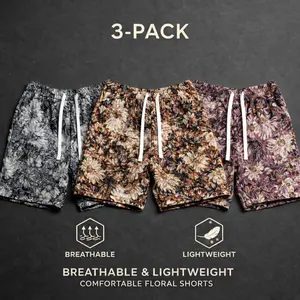 Men’s 3-Pack Jacquard Shorts — Vintage Floral Jacquard Vacation Shorts, Beach Shorts, Perfect for Summer Outfits and Home Lounging, Ideal Gift for Boyfriend or Husband, Available in Multiple Colors and Sizes S–2XL