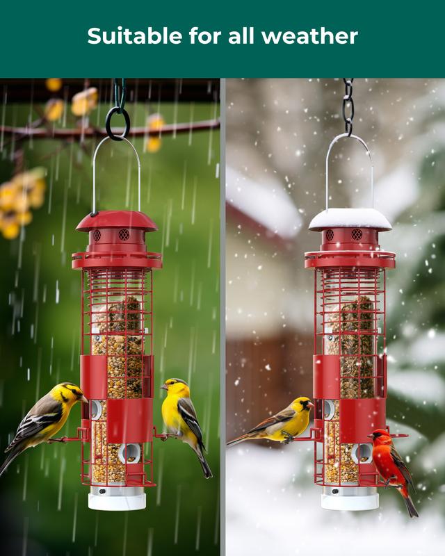 Squirrel Proof Bird Feeder for Outdoor Hanging, Metal Mesh Bird Seed Feeders with Weight-Activated Perches, 3LBs Large Capacity Wild Birdfeeder for Outside, Suitable for Small Medium Birds, Red
