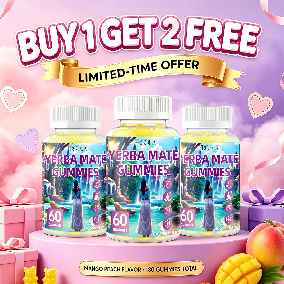 【Clearance Sale】Yerba Mate Gummies – 60 Vegan Energy Gummies with Yerba Mate Extract, Stevioside, Lion's Mane, Ashwagandha, Potassium, Magnesium, Chlorophyll for Boost Focus, Immunity & Cardio Health – Non-GMO, Gluten-Free, Vitality & No Crash