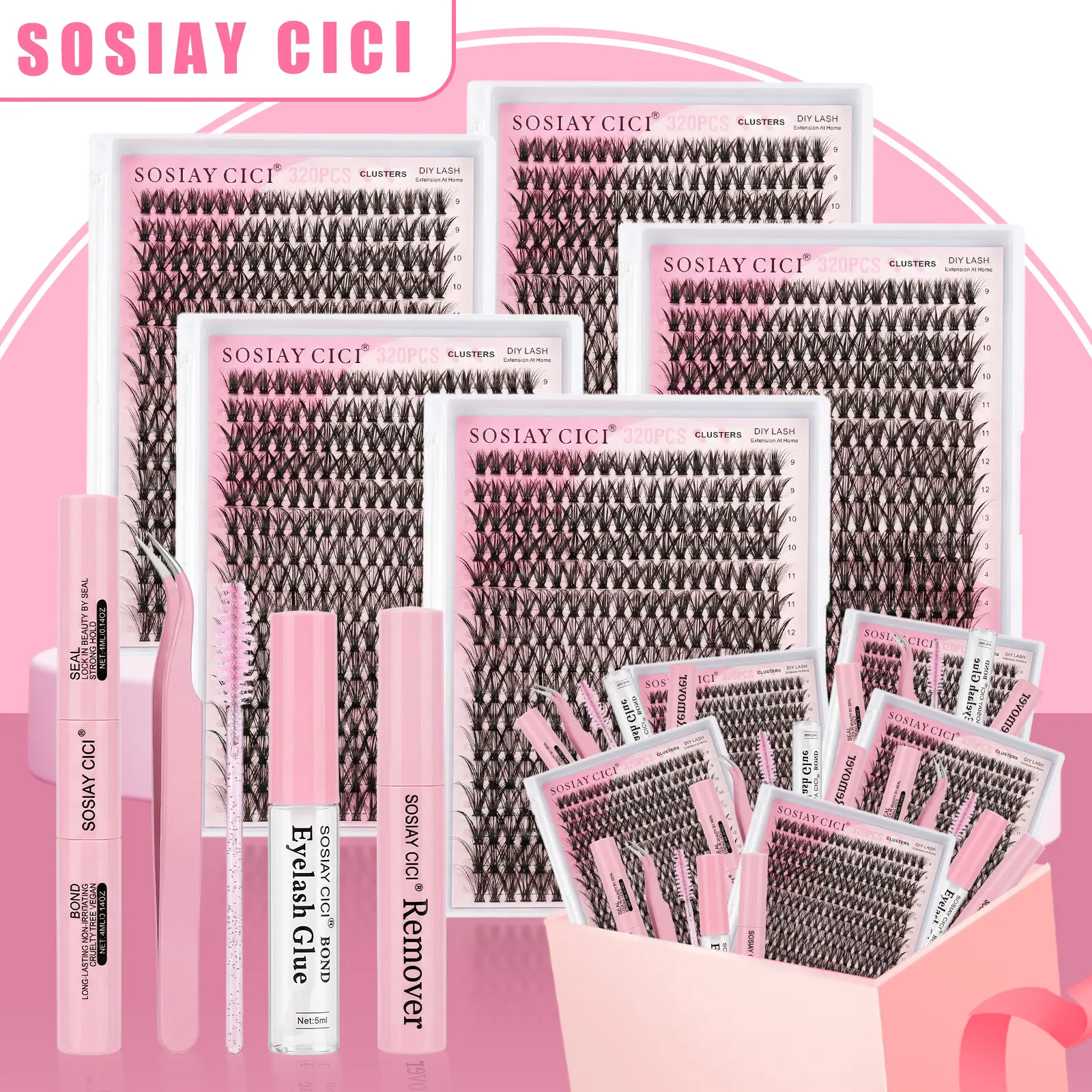 DIY Lash Extension Kit Volume Lash Clusters 40D D Curl Individual 320 pcs Lashes Lash Clusters Kit Thick Eyelash Extension Kit Lash Bond Seal Lash Tweezers Remover Lash Brush HALIDAYHAUL Christmas Gift TikTokShop(40D, One Clear Glue Free)